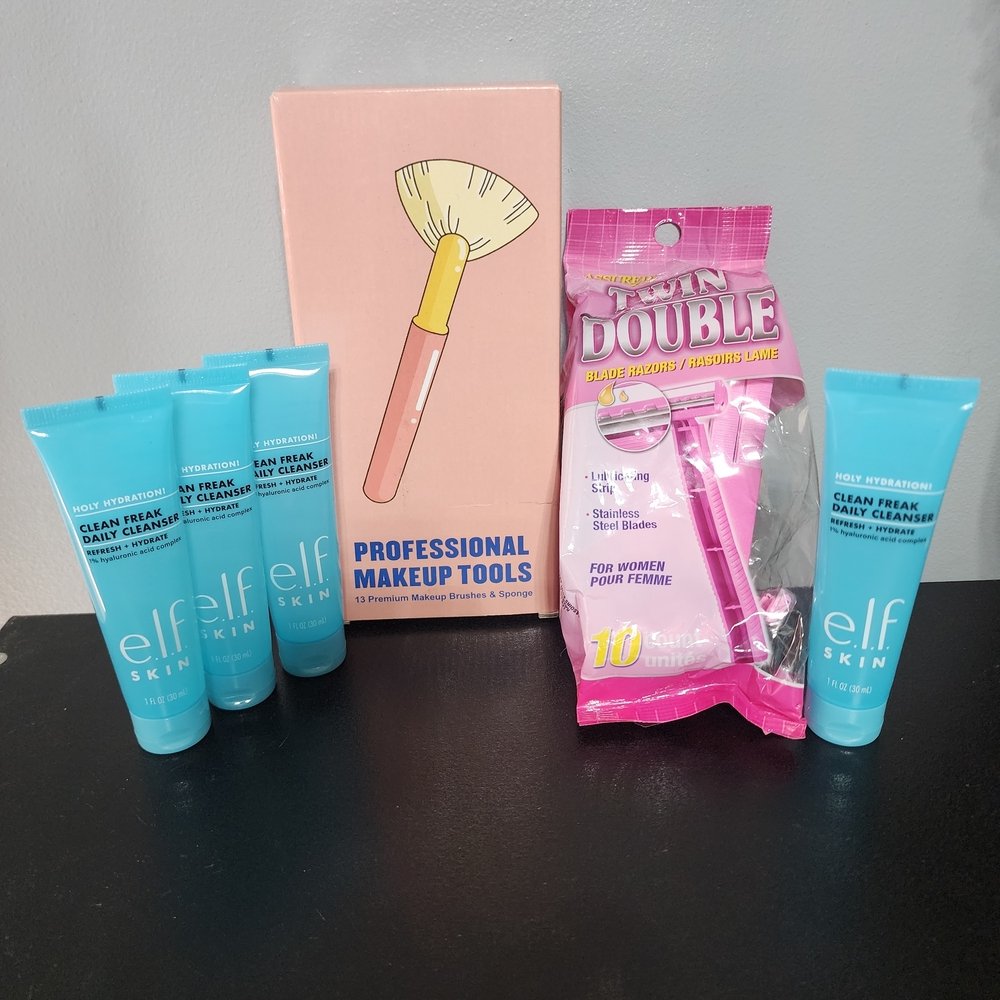 13 Pc Makeup Brush Set with Sponges, 10 Count Razors And 4 ELF facial Cleansers